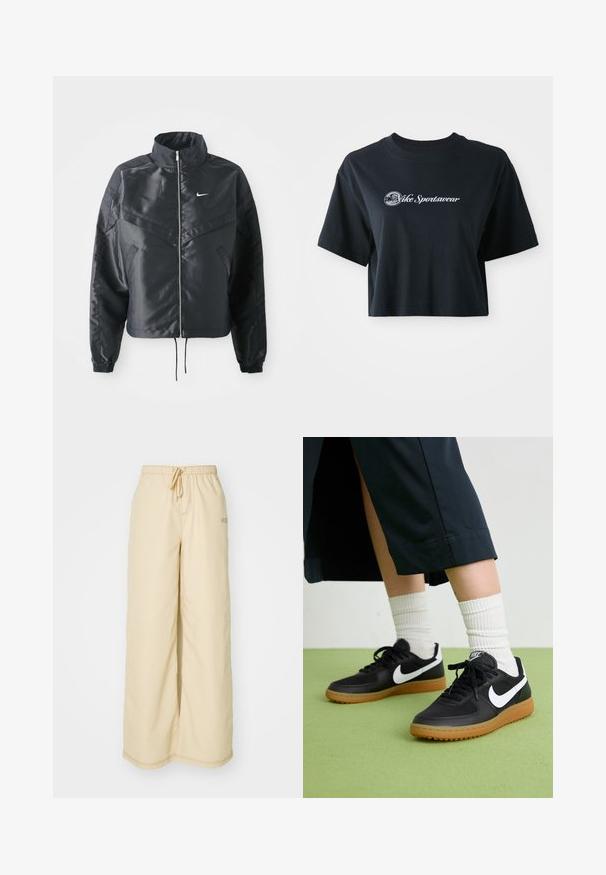 Črna skrajšana jakna z visokim ovratnikom, zadrgo, elastan rokavi in belim logotipom Nike. Gladek, sijoč material z rahlo teksturirano površino.; Skrajno odrezana črna bombažna majica s kratkimi rokavi, z belim napisom "Vice Sportswear" in krožno grafiko spredaj.; Bež široke hlače iz mehkega materiala, z elastičnim pasom in vrvico, stranskimi žepi ter diskretnimi šivi.; Črne usnjene in sintetične superge z belim Nike swooshom, gumo na podplatu, okroglo konico ter črnimi vezalkami. Vidne so rebraste bele nogavice.