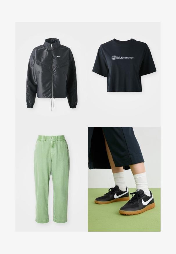 Zwarte cropped jack met hoge kraag, ritsluiting, elastische manchetten en een wit Nike-logo. Glad, glanzend materiaal met een licht gestructureerd oppervlak.; Korte zwarte katoenen t-shirt met korte mouwen, voorzien van witte tekst "Vice Sportswear" en een ronde afbeelding aan de voorkant.; Lichtgroene, relaxte broek gemaakt van zachte stof. Voorzien van een knoop en een elastische tailleband, met zijzakken en taps toelopende pijpen.; Zwarte leren en synthetische sneakers met witte Nike swoosh, rubberen gumzool, ronde neus en zwarte veters. Geribbelde witte sokken zichtbaar.