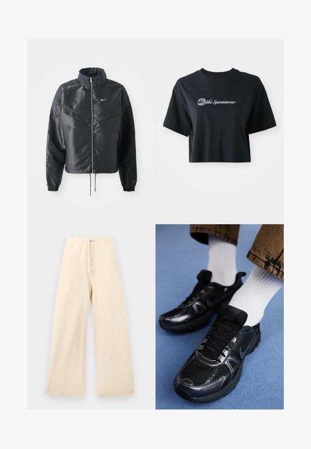 Sort cropped jakke med høj krave, lynlås lukning, elastiske manchetter og et hvidt Nike-logo. Glat, blankt stof med en let struktureret overflade.; Afskåret sort bomulds T-shirt med korte ærmer, der har hvid tekst "Vice Sportswear" og et cirkulært grafisk motiv på forsiden.; Bredde benbukser i lysbeige, lavet af et struktureret stof. Har en elastisk talje med snoretræk. Enkel, udekoreret design.; Sorte Nike sportssko har en mesh-overdel med blanke detaljer, sorte snørebånd og en struktureret sål. Sammen med hvide ribbet sokker.