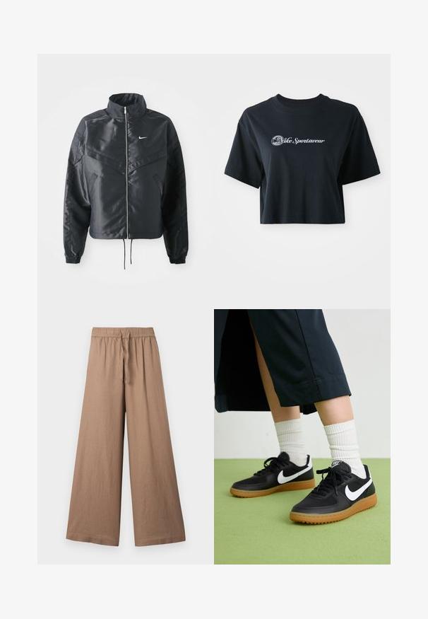 Casaco preto curto com colarinho alto, fecho de zip, punhos em elastano e um logótipo Nike branco. Tecido suave e brilhante com uma superfície ligeiramente texturizada.; T-shirt preta de algodão, cortada, com mangas curtas, apresentando o texto branco "Vice Sportswear" e um gráfico circular na parte da frente.; Calças largas em tecido castanho claro, apresentando uma cintura elástica com cordão e um acabamento suave e texturizado.; Sapatilhas pretas em couro e sintético com o logo da Nike em branco, sola de borracha tipo goma, bico redondo e atacadores pretos. Meias brancas com frunces visíveis.