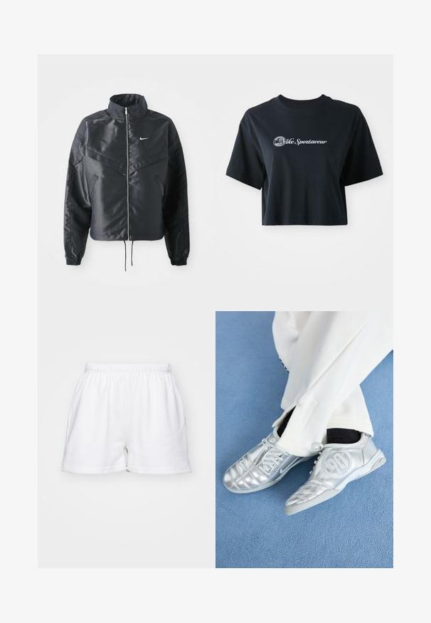 Casaco preto curto com colarinho alto, fecho de zip, punhos em elastano e um logótipo Nike branco. Tecido suave e brilhante com uma superfície ligeiramente texturizada.; T-shirt preta de algodão, cortada, com mangas curtas, apresentando o texto branco "Vice Sportswear" e um gráfico circular na parte da frente.; Calções brancos de algodão com cintura elástica, bolsos laterais e um corte descontraído sobre um fundo simples.; Tênis atléticos prateados com um acabamento liso e brilhante, apresentando um design costurado e o número 90 na lateral, combinados com calças brancas.