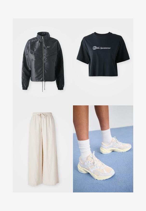 Casaco preto curto com colarinho alto, fecho de zip, punhos em elastano e um logótipo Nike branco. Tecido suave e brilhante com uma superfície ligeiramente texturizada.; T-shirt preta de algodão, cortada, com mangas curtas, apresentando o texto branco "Vice Sportswear" e um gráfico circular na parte da frente.; Calças largas de cor creme com uma cintura elástica e cordão. Fabricadas em linho leve e suave, sem padrões ou acessórios visíveis.; Sapatilhas atléticas elegantes em amarelo claro e branco, com materiais de malha e sintéticos, de forma arredondada e solas texturizadas.