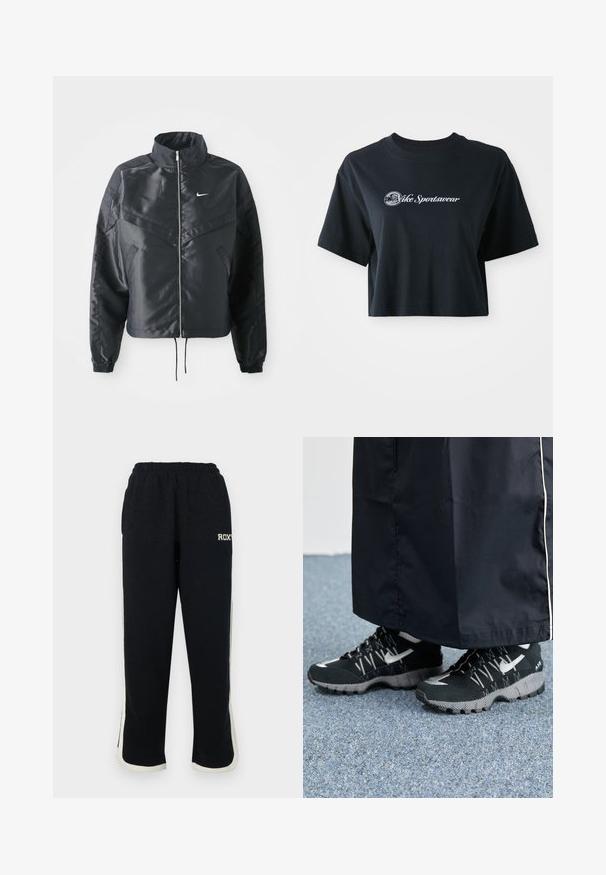 Fekete, rövidített dzseki magas gallérral, cipzáras záródással, elasztikus mandzsettákkal, és fehér Nike logóval. Simább, fényes anyag, enyhén textúrázott felülettel.; Rövid ujjú, cropped fekete pamut póló, fehér "Vice Sportswear" felirattal és kör alakú grafikával az elején.; Fekete melegítőnadrág, elasztikus derékkal, fehér oldalsávokkal és egy kis logóval az elején. Puha, textúrált anyagból készült.; Fekete sportcipők, textúrált felsőrésszel, ezüst kiegészítőkkel és mintás talppal, fekete hosszú ruhadarabbal párosítva. Kék szőnyegen.
