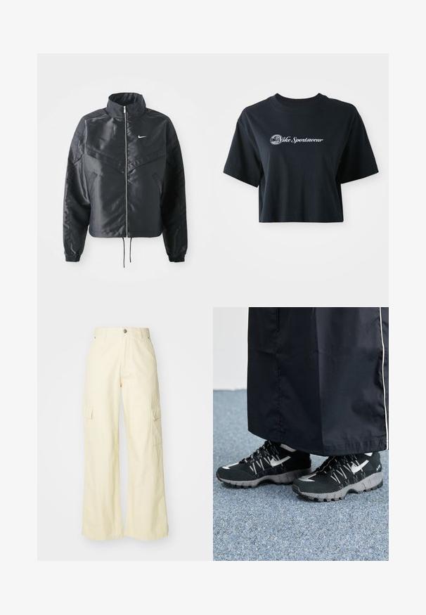 Sort cropped jakke med høj krave, lynlås lukning, elastiske manchetter og et hvidt Nike-logo. Glat, blankt stof med en let struktureret overflade.; Afskåret sort bomulds T-shirt med korte ærmer, der har hvid tekst "Vice Sportswear" og et cirkulært grafisk motiv på forsiden.; Løse cargo-bukser i lys gul bomuld. Har to sidelommer og knappelukning. Glat tekstur med en afslappet pasform.; Sorte sportsko med en struktureret overdel, sølvdetaljer og en mønstret ydersål, parret med et langt sort plagg. Sat mod blå tæpper.