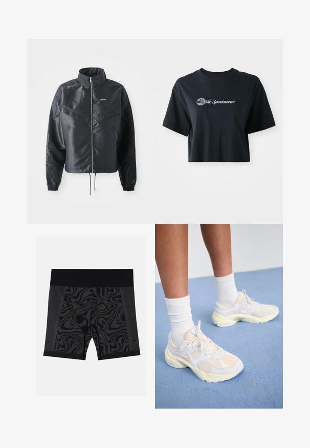 Sort cropped jakke med høj krave, lynlås lukning, elastiske manchetter og et hvidt Nike-logo. Glat, blankt stof med en let struktureret overflade.; Afskåret sort bomulds T-shirt med korte ærmer, der har hvid tekst "Vice Sportswear" og et cirkulært grafisk motiv på forsiden.; Sorte træningsshorts med et bølget mønster, mesh-detaljer på siderne og en ensfarvet sort elastik i livet. Glat, strækbart stof.; Slanke atletiske sko i lys gul og hvid, med mesh- og syntetiske materialer, en rund form og teksturerede såler.