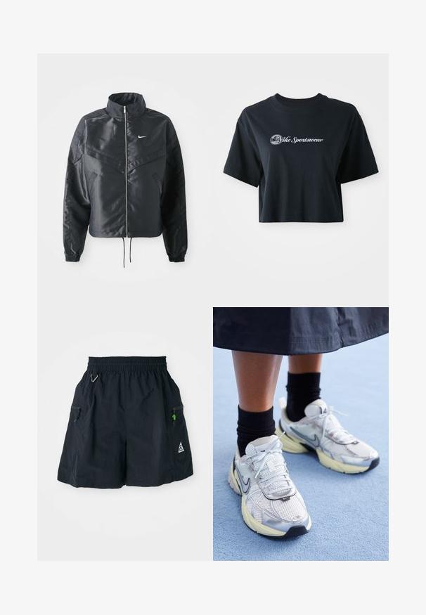 Czarna krótka kurtka z wysokim kołnierzem, zamek błyskawiczny, ściągacze z elastanu i białe logo Nike. Gładki, błyszczący materiał o lekko teksturowanej powierzchni.; Przycięta czarna koszulka bawełniana z krótkim rękawem, z białym napisem "Vice Sportswear" oraz okrągłą grafiką z przodu.; Czarne szorty z lekkiego materiału, z elastycznym paskiem, bocznymi kieszeniami na zamek oraz trójkątnym logo na dolnej części.; Białe i srebrne sneakersy Nike z siateczkowym materiałem, odblaskowymi akcentami i beżową podeszwą. Noszone z czarnymi skarpetkami, stojące na niebieskiej powierzchni.
