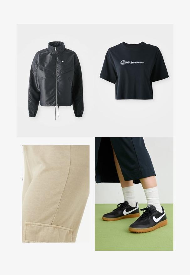 Schwarze, verkürzte Jacke mit hohem Kragen, Reißverschluss, Elastan-Ärmeln und einem weißen Nike-Logo. Glattes, glänzendes Material mit leicht strukturiertem Oberflächeneffekt.; Gekürztes schwarzes Baumwoll-T-Shirt mit kurzen Ärmeln, das weißen Text "Vice Sportswear" und eine runde Grafik auf der Vorderseite zeigt.; Rip Curl BLOCK PARTY - Cargohose - natural; Schwarze Leder- und synthetische Sneakers mit weißem Nike-Swoosh, Gummisohle, runder Spitze und schwarzen Schnürsenkeln. Gestreifte weiße Socken sind sichtbar.