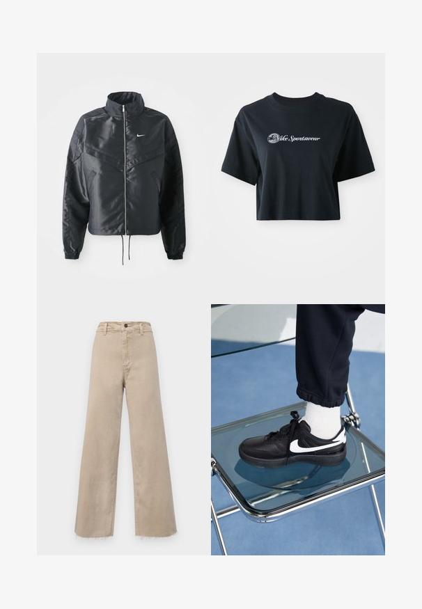 Jachetă croppată neagră cu guler înalt, închidere cu fermoar, manșete din elastan și un logo alb Nike. Material neted, lucios, cu o suprafață ușor texturată.; Tricou negru din bumbac, scurt, cu mâneci scurte, având text alb "Vice Sportswear" și un grafic circular pe față.; Jeans largi bej din denim, cu talie înaltă, margine desfăcută și design clasic cu cinci buzunare. Potriviți pentru o ținută casual.; Adidași negri Nike cu accente albe, cu o textură de piele netedă, design cu șireturi și vârf rotunjit, așezați pe un scaun din sticlă.