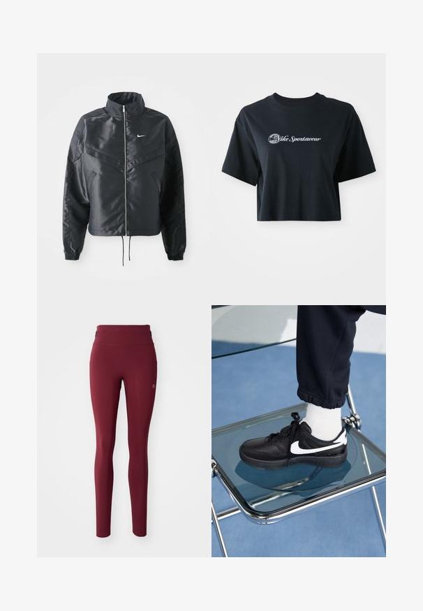 Chaqueta negra corta con cuello alto, cierre de cremallera, puños de elastano y un logo de Nike en blanco. Tejido suave y brillante con una superficie ligeramente texturizada.; Camiseta negra de algodón recortada con mangas cortas, que presenta el texto blanco "Vice Sportswear" y un gráfico circular en la parte delantera.; Leggings burdeos de cintura alta con un pequeño logotipo circular en el muslo superior, exhibidos sobre un fondo blanco liso.; Zapatillas Nike negras con acentos blancos, con una textura de cuero suave, diseño de cordones y punta redondeada, colocadas sobre una silla de cristal.