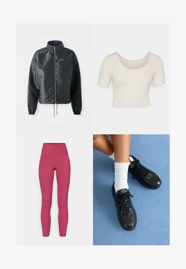Fekete, rövidített dzseki magas gallérral, cipzáras záródással, elasztikus mandzsettákkal, és fehér Nike logóval. Simább, fényes anyag, enyhén textúrázott felülettel.; Rövid ujjú, cropped felső világos bézs bordás anyagból. Széles kerek nyakkivágással és feszes szabással rendelkezik, kiemelve a sima textúrát.; Rugalmas, egyszínű bogyós rózsaszín leggingsek, nyújtható anyagból készültek. Magas derék, látható fémalkatrészek nélkül, sima felület.; Fekete Nike sportcipők textúrázott felsőrésszel, fényes részletekkel és kerek fűzőkkel rendelkeznek. Ezek fehér bordázott zoknikkal vannak párosítva egy világos kék felületen.