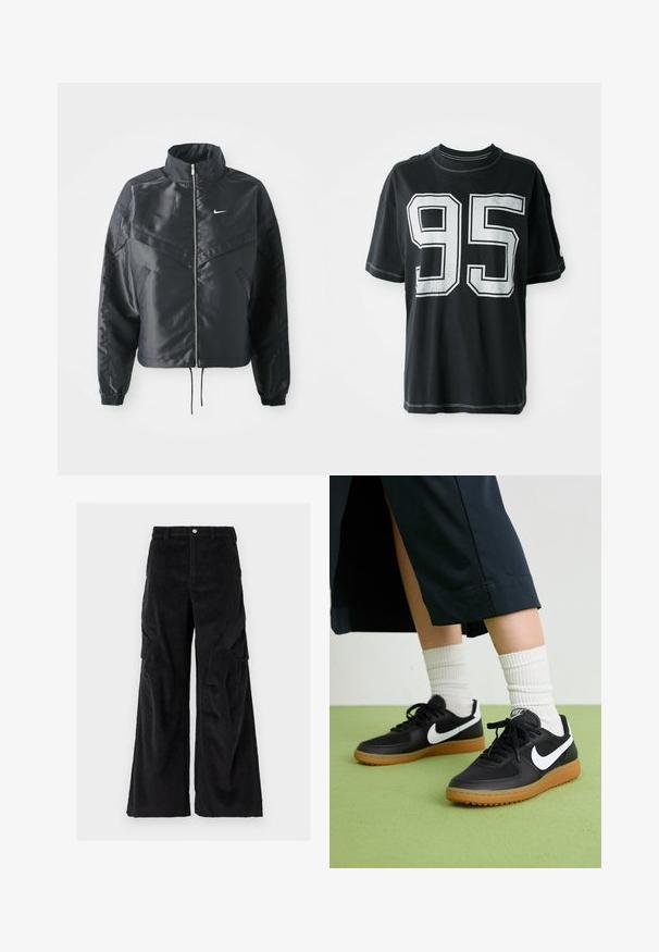 Fekete, rövidített dzseki magas gallérral, cipzáras záródással, elasztikus mandzsettákkal, és fehér Nike logóval. Simább, fényes anyag, enyhén textúrázott felülettel.; Fekete pamut póló rövid ujjakkal, amelyen elöl a „95” szám fehér nyomattal látható, és a szélek mentén kontrasztos varrás található.; Fekete kordbársony cargo nadrág széles szárú dizájnnal, texturált, függőleges bordákkal, oldalsó zsebekkel és gombos záródással a deréknál.; Fekete bőr és szintetikus sneakers, fehér Nike logo-val, gumi talppal, kerek orral és fekete fűzővel. Csíkos fehér zokni látható.