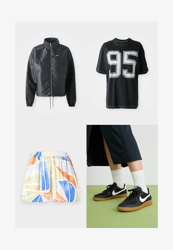 Čierna skrátená bunda s vysokým golierom, zipsovým uzatváraním, elastickými manžetami a bielym logom Nike. Hladká, lesklá tkanina s mierne textúrovaným povrchom.; Čierne bavlnené tričko s krátkymi rukávmi, na prednej strane s bielou potlačou čísla "95" a kontrastným prešitím pozdĺž okrajov.; Kraťasy vyrobené z ľahkej tkaniny s elastickým pásom. Majú viacfarebný geometrický vzor v modrej, oranžovej, zelenej a béžovej farbe.; Čierne kožené a syntetické tenisky so bielym logom Nike, gumenou podrážkou, okrúhlou špičkou a čiernymi šnúrkami. Viditeľné biele pruhované ponožky.