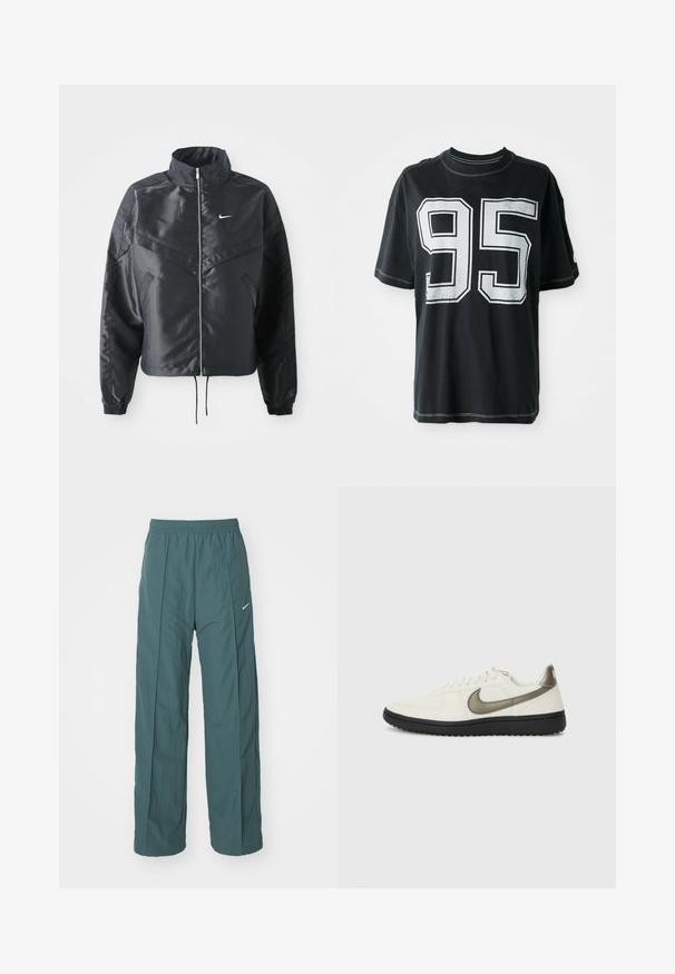 Casaco preto curto com colarinho alto, fecho de zip, punhos em elastano e um logótipo Nike branco. Tecido suave e brilhante com uma superfície ligeiramente texturizada.; T-shirt de algodão preto com mangas curtas, apresentando o número "95" impresso em branco na parte da frente e costura contrastante ao longo das bordas.; Calças largas em teal feitas de tecido leve. Apresentam uma cintura elástica e um pequeno logotipo branco no lado esquerdo. Textura suave.; Nike Sportswear FIELD GENERAL - Sapatilhas - off-white/black