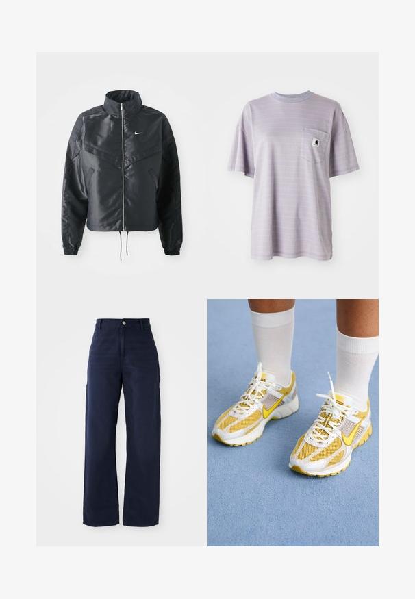 Black cropped jacket with high collar, zip closure, elastane cuffs, and a white Nike logo. Smooth, shiny fabric with a slightly textured surface.; Light purple short-sleeve t-shirt featuring subtle horizontal stripes and a chest pocket with a small brand logo. Soft cotton fabric.; Navy blue wide-leg cargo pants with a sturdy cotton fabric, featuring side pockets and a button closure at the waist.; Yellow and white athletic shoes with mesh and synthetic material, featuring laces, a cushioned sole, and distinctive side branding.