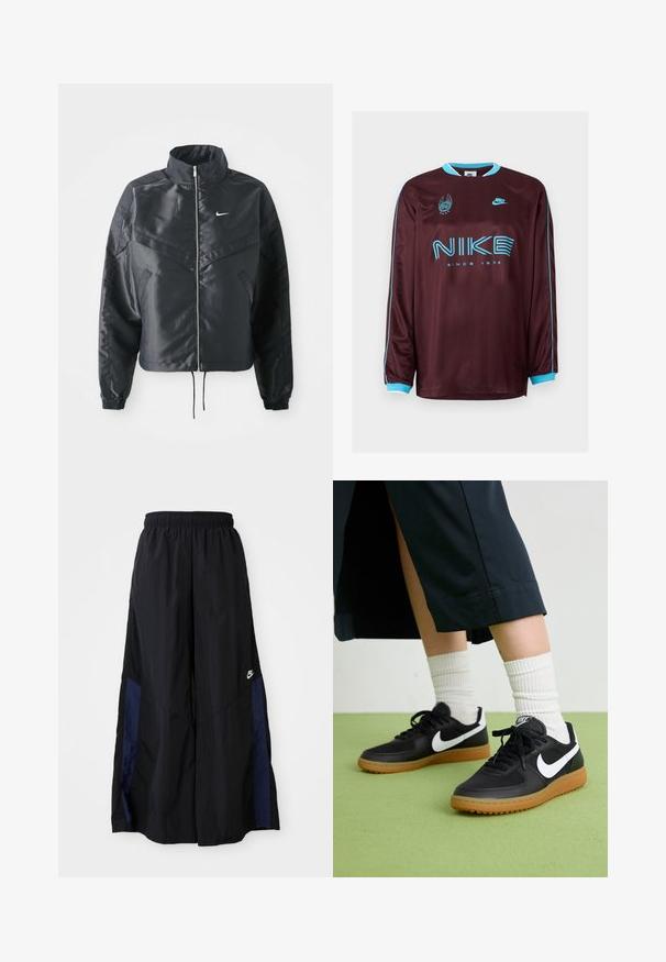 Svart kort jacka med hög krage, dragkedja, ärmslut i elastan och en vit Nike-logotyp. Slät, glänsande tyg med en något strukturerad yta.; Maroon långärmad Nike-tröja med turkosa detaljer, logotyp och texten "SINCE 1972" i fet stil. Slät, atletisk tygtextur.; Svarta vida byxor gjorda av lättviktig tyg, med en marinblå sid panel och ett elastiskt midjeband. Litet vitt logotyp nertill.; Svarta läder- och syntetiska sneakers med vit Nike-logga, gummisula, rund tå och svarta snörningar. Ribbad vit strumpor synliga.