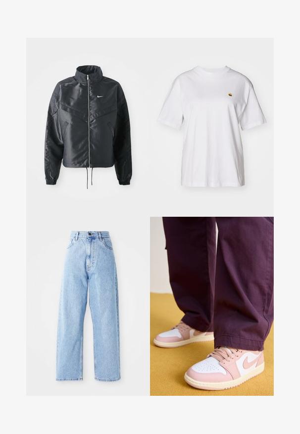 Black cropped jacket with high collar, zip closure, elastane cuffs, and a white Nike logo. Smooth, shiny fabric with a slightly textured surface.; White cotton t-shirt with a relaxed fit, short sleeves, and a small embroidered logo on the left chest area.; High-waisted light blue denim jeans with straight wide legs, front button, zipper closure, and front and back pockets.; Jordan AIR JORDAN 1 LOW - Trainers - white/pink oxford/sail