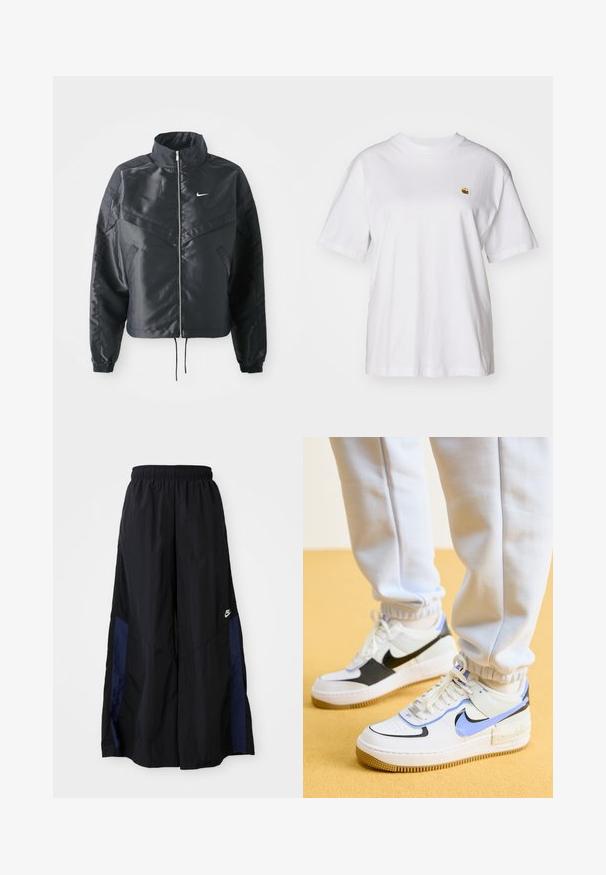 Veste noire courte avec col haut, fermeture éclair, poignets en élasthanne et logo Nike blanc. Tissu lisse et brillant avec une surface légèrement texturée.; T-shirt en coton blanc avec une coupe décontractée, des manches courtes et un petit logo brodé sur la poitrine gauche.; Pantalons larges noirs en tissu léger, avec un panneau latéral bleu marine et une taille élastique. Petit logo blanc en bas.; Nike Sportswear AIR FORCE 1 SHADOW - Baskets basses - white/royal pulse/black/photon dust/summit white/persian violet