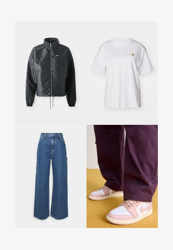 Must kolledžiga must lühike jope, millel on lukuga sulgus, elastne mansett ja valge Nike logo. Sile, läikiv kangas, millel on veidi tekstureeritud pind.; Valge puuvillane T-särk, millel on lõdva lõikega, lühikesed varrukad ja väike broderi logo vasakul rinnakarpi.; Laiene jalad sinised denim püksid kõrge vöökohaga, kontrastsete õmblustega ja küljetaskutega, klassikalise viie taskuga disainiga ja toore servaga.; Jordan AIR JORDAN 1 LOW - Tossud - white/pink oxford/sail
