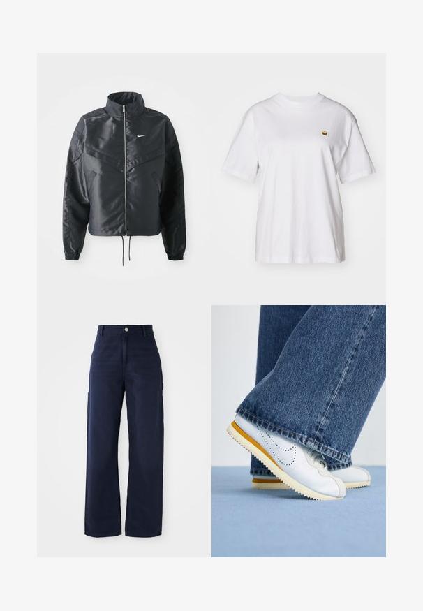 Casaco preto curto com colarinho alto, fecho de zip, punhos em elastano e um logótipo Nike branco. Tecido suave e brilhante com uma superfície ligeiramente texturizada.; T-shirt branca de algodão com um corte descontraído, mangas curtas e um pequeno logótipo bordado na área do peito esquerdo.; Calças de cargo largas em azul-marinho, feitas de um tecido de algodão resistente, com bolsos laterais e um fecho de botão na cintura.; Tênis brancos de couro com detalhes amarelos, bico arredondado e sola de borracha texturizada, combinados com calças flare de denim azul escuro.