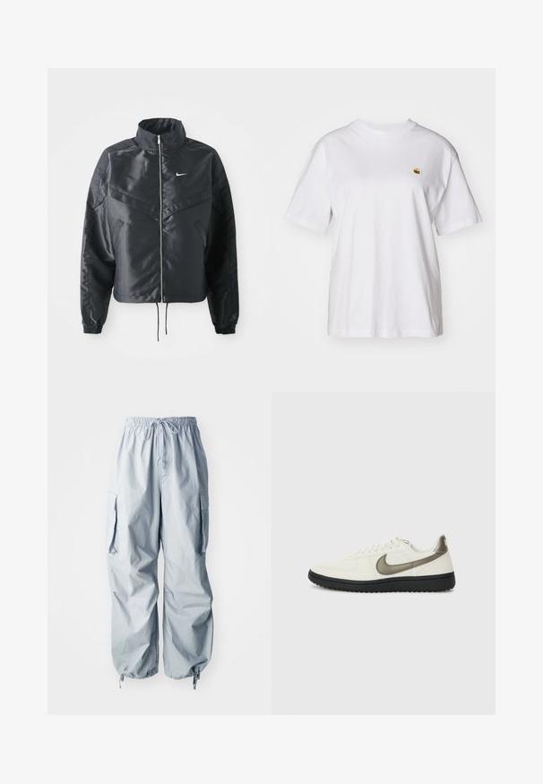 Casaco preto curto com colarinho alto, fecho de zip, punhos em elastano e um logótipo Nike branco. Tecido suave e brilhante com uma superfície ligeiramente texturizada.; T-shirt branca de algodão com um corte descontraído, mangas curtas e um pequeno logótipo bordado na área do peito esquerdo.; Calças cargo azul claro com cintura elástica, cordão, dois bolsos laterais e punhos ajustados com molas reguláveis.; Nike Sportswear FIELD GENERAL - Sapatilhas - off-white/black
