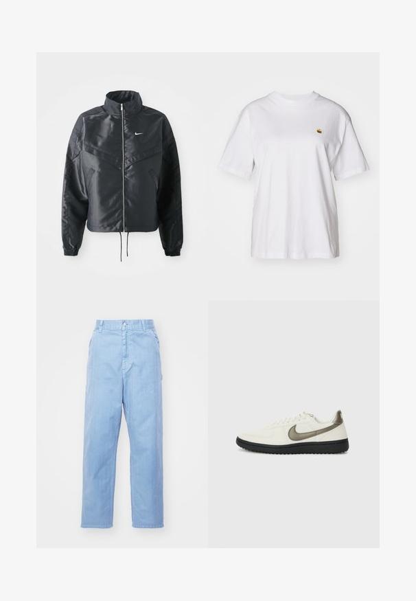 Svart cropped jakke med høy krage, glidelåsåpning, elastiske mansjetter og en hvit Nike-logo. Glatt, shiny stoff med en lett teksturert overflate.; Hvit bomulls t-skjorte med avslappet passform, korte ermer og en liten brodert logo på venstre brystområde.; Lyseblå denimbukser med rett bendesign, knappelukking og lommer foran. Stoffet har en subtil tekstur med en glatt overflate.; Nike Sportswear FIELD GENERAL - Joggesko - off-white/black