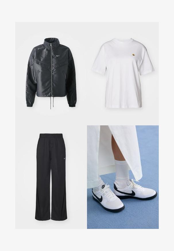 Casaco preto curto com colarinho alto, fecho de zip, punhos em elastano e um logótipo Nike branco. Tecido suave e brilhante com uma superfície ligeiramente texturizada.; T-shirt branca de algodão com um corte descontraído, mangas curtas e um pequeno logótipo bordado na área do peito esquerdo.; Nike Sportswear PANT COORD - Calças de fato de treino - black; Ténis brancos da Nike com detalhes pretos, apresentando um cabedal em pele lisa, atacadores brancos e solas de borracha resistentes, combinados com meias brancas com textura ribada.