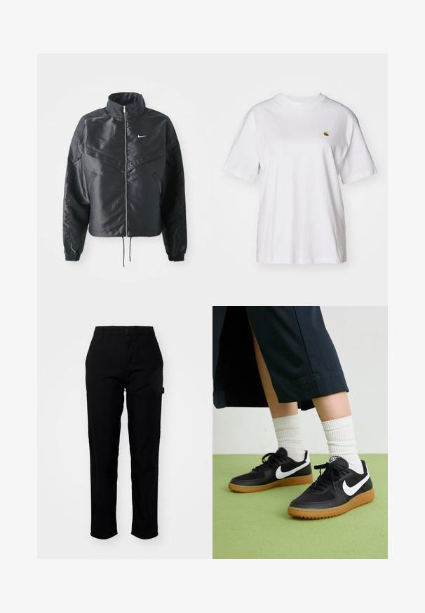 Črna skrajšana jakna z visokim ovratnikom, zadrgo, elastan rokavi in belim logotipom Nike. Gladek, sijoč material z rahlo teksturirano površino.; Bela bombažna majica s sproščenim krojem, kratkimi rokavi in majhnim vezenim logotipom na levi strani prsnega predela.; Carhartt WIP PIERCE PANT - Hlače - black; Črne usnjene in sintetične superge z belim Nike swooshom, gumo na podplatu, okroglo konico ter črnimi vezalkami. Vidne so rebraste bele nogavice.