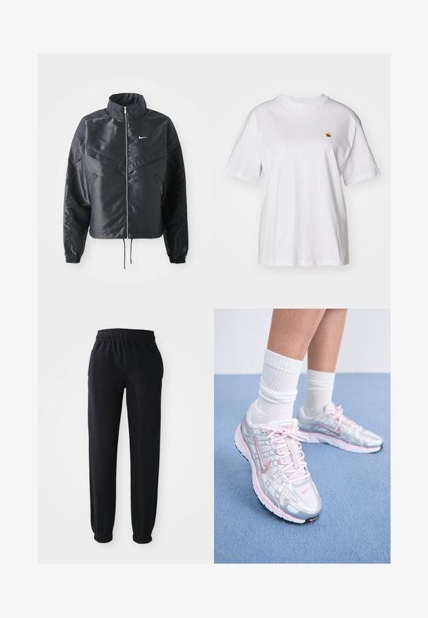 Black cropped jacket with high collar, zip closure, elastane cuffs, and a white Nike logo. Smooth, shiny fabric with a slightly textured surface.; White cotton t-shirt with a relaxed fit, short sleeves, and a small embroidered logo on the left chest area.; Black sweatpants with an elastic waistband, tapered cuffs, and a smooth texture, featuring no visible logos or patterns.; Nike running shoes featuring a silver mesh upper with pink accents, white laces, and a textured sole. Worn with white cotton athletic socks.