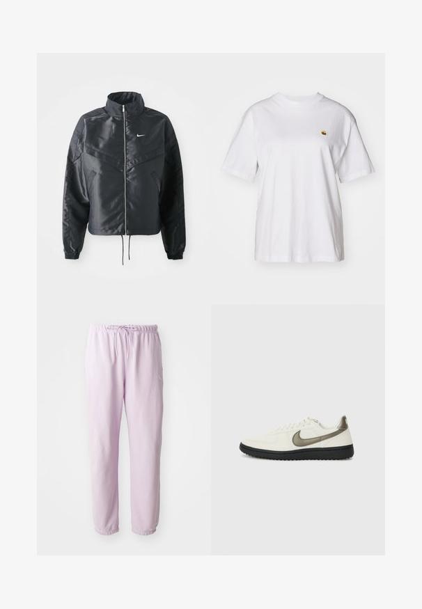 Black cropped jacket with high collar, zip closure, elastane cuffs, and a white Nike logo. Smooth, shiny fabric with a slightly textured surface.; White cotton t-shirt with a relaxed fit, short sleeves, and a small embroidered logo on the left chest area.; Light pink joggers with an elastic waistband, drawstring, and tapered legs. Features a small white logo on the front. Smooth, soft texture.; Nike Sportswear FIELD GENERAL - Trainers - off-white/black