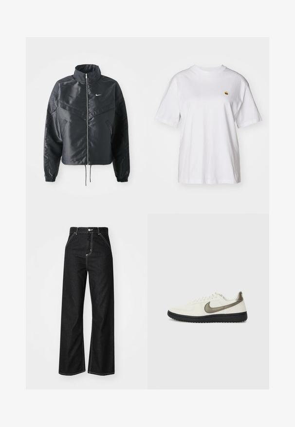 Black cropped jacket with high collar, zip closure, elastane cuffs, and a white Nike logo. Smooth, shiny fabric with a slightly textured surface.; White cotton t-shirt with a relaxed fit, short sleeves, and a small embroidered logo on the left chest area.; Black denim wide-leg pants featuring contrasting white stitching, a high waist, five-pocket design, and a button closure.; Nike Sportswear FIELD GENERAL - Trainers - off-white/black