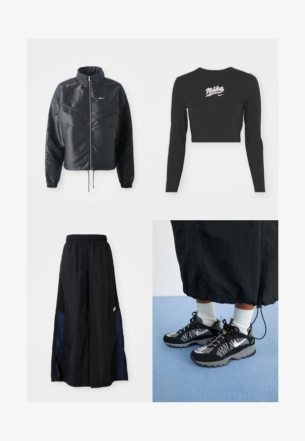Jachetă croppată neagră cu guler înalt, închidere cu fermoar, manșete din elastan și un logo alb Nike. Material neted, lucios, cu o suprafață ușor texturată.; Top scurt cu maneci lungi, de culoare neagră, fabricat din bumbac, având brodat în alb logo-ul "Nike" și swoosh pe piept, guler rotund și un design ajustat.; Pantaloni negri cu croi larg, confecționați dintr-un material ușor, având un panou lateral albastru marin și un brâu elastic. Logo mic alb în partea de jos.; Pantofi sport negri cu accente gri și talpă texturată. Prezintă un design curbat, panouri din plasă și șireturi. Șosete albe vizibile.