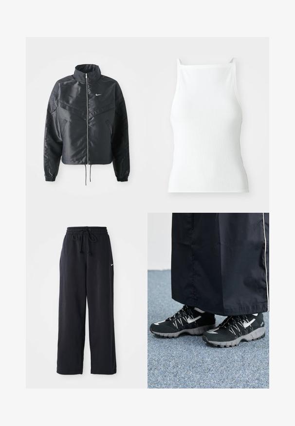 Crna kratka jakna s visokim ovratnikom, zatvaranjem na patentni zatvarač, elastinim rukavima i bijelim Nike logom. Glatka, sjajna tkanina s lagano teksturiranom površinom.; Bjela rebrasta majica bez rukava s tankim naramenicama, s prilagođenim dizajnom i glatkom teksturom. Tkanina izgleda elastično i blago strukturirano.; Crne trenirke s elastičnom trakom u struku i vezicom, sa malim bijelim Nike logotipom s lijeve strane.; Crne atletske cipele s teksturiranim gornjim dijelom, srebrnim akcentima i šarenim potplatom, uparenim s dugom crnom odjećom. Postavljeno na plavi tepih.