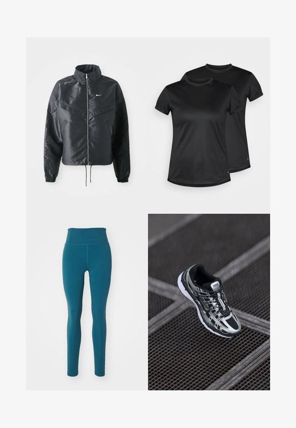 Mustat lyhyet takit, joissa on korkea kaulus, vetoketjukiinnitys, elastaanista valmistetut hihan suut ja valkoinen Nike-logo. Sileä, kiiltävä kangas, jossa on hieman tekstuuria.; Musta lyhythihainen t-paita, valmistettu sileästä, hengittävästä kankaasta, pyöreällä kaula-aukolla. Kaksi paitaa esillä, molemmissa hillitty logoyksityiskohta.; Girlfriend Collective FLOAT LEGGING LONG - Trikoot - dark ixia; Nike juoksukengät, joissa on musta ja hopea väriyhdistelmä, verkkomainen päällinen, karkea pohja ja sidontajärjestelmä varman istuvuuden takaamiseksi.