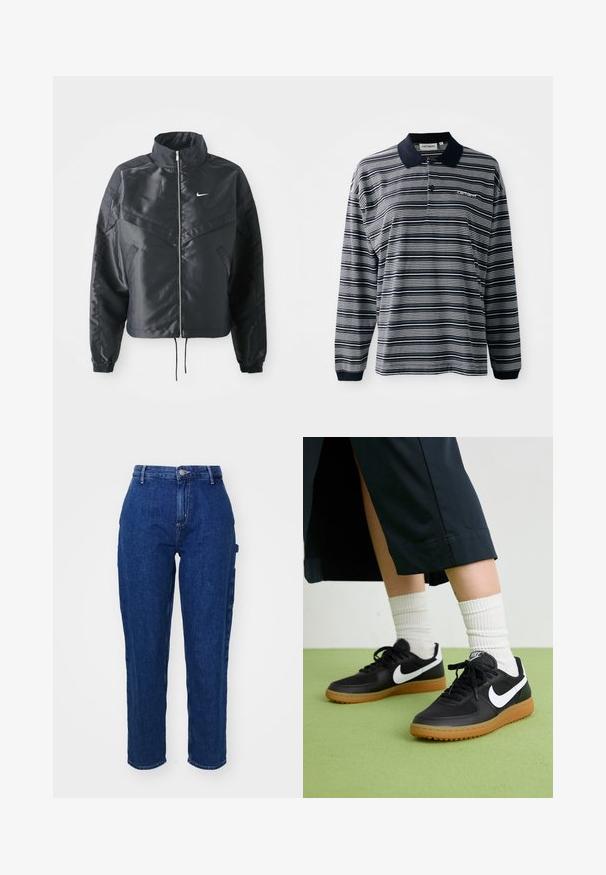 Mustat lyhyet takit, joissa on korkea kaulus, vetoketjukiinnitys, elastaanista valmistetut hihan suut ja valkoinen Nike-logo. Sileä, kiiltävä kangas, jossa on hieman tekstuuria.; Paita polo lanka dài tay sọc xanh navy và trắng, chất liệu cotton, có cổ, hàng ba cúc, và một logo thêu nhỏ trên ngực.; Tummansiniset farkut, joissa on korkea vyötärö, suora lahkeensuukappale, etupainike ja sivutaskut. Sileä rakenne, jossa on hieman joustoa.; Mustat nahka- ja synteettiset urheilukengät, joissa on valkoinen Nike-merkki, kuminen pohja, pyöreä kärki ja mustat nauhat. Raitapintaiset valkoiset sukat näkyvissä.