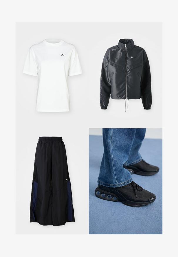 Black cropped jacket with high collar, zip closure, elastane cuffs, and a white Nike logo. Smooth, shiny fabric with a slightly textured surface.; White cotton t-shirt with short sleeves, crew neckline, and a small black Jordan logo on the upper left chest area.; Black wide-leg pants made of lightweight fabric, featuring a navy blue side panel and an elastic waistband. Small white logo on bottom.; Black athletic sneakers with mesh upper, textured accents, and visible air cushioning pods in the sole. Worn with blue denim jeans.