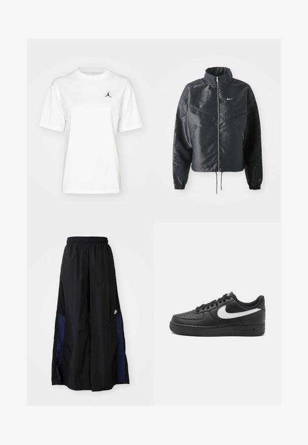 Jachetă croppată neagră cu guler înalt, închidere cu fermoar, manșete din elastan și un logo alb Nike. Material neted, lucios, cu o suprafață ușor texturată.; Cămașă albă din bumbac cu mâneci scurte, decolteu rotund și un mic logo Jordan negru în zona superioară stângă a pieptului.; Pantaloni negri cu croi larg, confecționați dintr-un material ușor, având un panou lateral albastru marin și un brâu elastic. Logo mic alb în partea de jos.; Sneakers negri Nike Air Force 1 cu un superior din piele netedă, accent de logo alb, vârf perforat și talpă din cauciuc texturat.