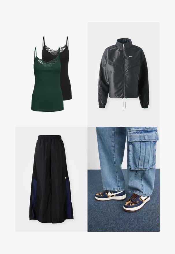 Svart cropped jakke med høy krage, glidelåsåpning, elastiske mansjetter og en hvit Nike-logo. Glatt, shiny stoff med en lett teksturert overflate.; To camisoler: en svart og en mørkegrønn. Begge har blonder på utringningen og tynne justerbare stropper. Myk, elastisk stoff.; Svarte vide bukser laget av lett stoff, med et marineblått sidestykke og elastisk midjebånd. Liten hvit logo nederst.; Mørkeblå sneakers med leopardmønstrede detaljer, hvit Nike-svosh, brune snører og hvit mellomsåle. Kombinert med lyse denim cargo-bukser.
