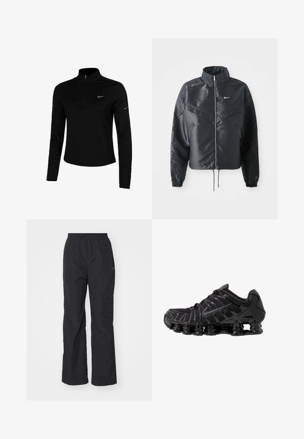 Crna kratka jakna s visokim ovratnikom, zatvaranjem na patentni zatvarač, elastinim rukavima i bijelim Nike logom. Glatka, sjajna tkanina s lagano teksturiranom površinom.; Crni dugoruki atletski top s polu zatvaračem, ovratnikom, reflektirajućim Nike logoom i ravnim šavovima za udobnost i dobro prijanjanje.; Crne, lagane hlače s elastičnim pojasom i vezicom. Imaju teksturiranu površinu i mali reflektirajući logo sa strane.; Crne atletske cipele s mrežastim gornjim dijelom i sjajnim premazima. Imaju zakrivenu zavojnicu za amortizaciju i teksturirane linije sa strane. Vidljiv Nike logo.