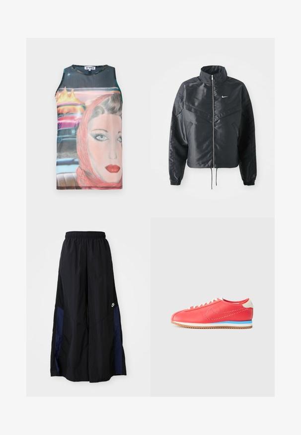 Sort cropped jakke med høj krave, lynlås lukning, elastiske manchetter og et hvidt Nike-logo. Glat, blankt stof med en let struktureret overflade.; Ærmeløs, tætsiddende tanktop med et retro grafisk print, der viser et kvindans ansigt og en vintage bil, i livlige farver og glat stof.; Sorte vide benbukser lavet af letvægtsstof, med et marineblåt sidepanel og en elastisk talje. Lille hvidt logo nederst.; Rød lædersneaker med perforeret design, kontrastfarvet blå mellemsål, beige hælaccenter og hvide snørebånd. Klassisk buet form.