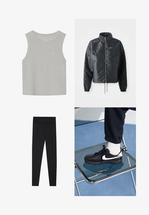 Černá zkrácená bunda s vysokým límcem, zipovým zapínáním, elastickými manžetami a bílým logem Nike. Hladká, lesklá látka s mírně strukturovaným povrchem.; Svetle šedý bezrukávový top z žebrované látky; má kulatý výstřih a malé bílé logo na přední straně. Jednoduchý design.; Černé legíny s hladkou texturou, vysokým páskem a švy podél stran. Slim-fit design, vhodné pro různé aktivity.; Černé tenisky Nike s bílými akcenty, s hladkou koženou texturou, šněrovacím designem a zaoblenou špičkou, umístěné na skleněné židli.