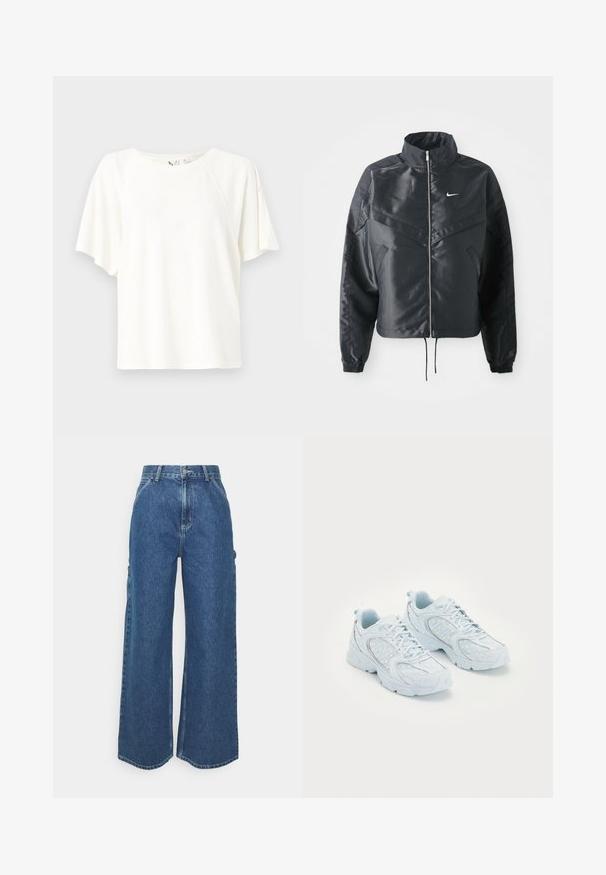 Crna kratka jakna s visokim ovratnikom, zatvaranjem na patentni zatvarač, elastinim rukavima i bijelim Nike logom. Glatka, sjajna tkanina s lagano teksturiranom površinom.; Bijela majica kratkih rukava od mekanog materijala, s opuštenim krojem, okruglim izrezom i suptilnim logotipom na prsima.; Široke plave traperice s visokim strukom, kontrastnim šavovima i bočnim džepovima, s klasičnim dizajnom s pet džepova i sirovim rubovima.; Svijetloplave atletske cipele s gornjim dijelom od mrežaste i sintetičke tkanine, s bijelim točkicama i reflektirajućim detaljima, vezanje na vezicu i podložnim potplatima.