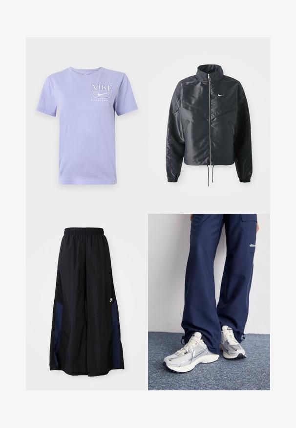 Μαύρο cropped μπουφάν με ψηλό γιακά, κλείσιμο με φερμουάρ, μανσέτες από ελαστάνη και λευκό λογότυπο Nike. Λείο, γυαλιστερό ύφασμα με ελαφρώς υφή.; Φωτεινό μωβ κοντομάνικο μπλουζάκι φτιαγμένο από μαλακό βαμβάκι, με λευκό λογότυπο Nike και κείμενο μπροστά. Κανονική εφαρμογή με στρογγυλή λαιμόκοψη.; Μαύρο παντελόνι με φαρδιά πόδια, κατασκευασμένο από ελαφρύ ύφασμα, με μπλε ναυτική πλευρική λωρίδα και ελαστική μέση. Μικρό λευκό λογότυπο στο κάτω μέρος.; Αθλητικά παπούτσια Nike με ασημένιο δίχτυ επάνω, λευκές λεπτομέρειες και υφασμάτινες σόλες, σε συνδυασμό με χαλαρούς ναυτικούς παντελονιού.
