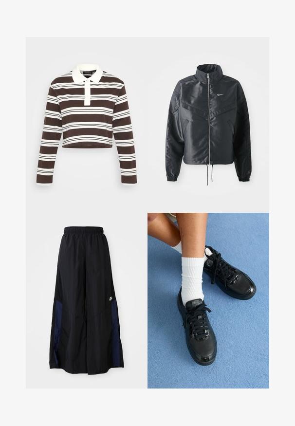 Melna apgriezta jaka ar augstu apkakli, rāvējslēdzēja aizdari, elastīna aprocēm un baltu Nike logo. Gluda, spīdīga auduma ar nedaudz teksturētu virsmu.; Brūna un baltā svītrota garais piekļuves krekls ar apkakli, trīs pogu pievilkšanu un īsu apakšmalu. Mīksts audums ar horizontālām svītrām.; Melni plata kāju bikses no viegla auduma, ar tumši zilu sānu paneli un elastīgu jostu. Mazs balts logotips apakšā.; Melni Nike sporta apavi ar teksturētu virsmu, spīdīgām akcentiem un noapaļotām mežģīnēm. Tie ir apģērbi ar baltām ribotām zeķēm uz gaiši zila fona.