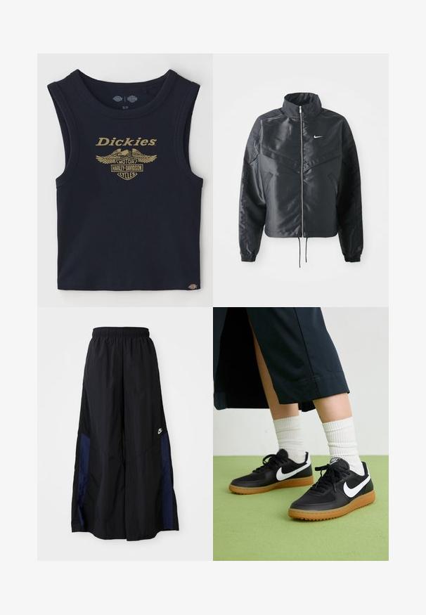 Jachetă croppată neagră cu guler înalt, închidere cu fermoar, manșete din elastan și un logo alb Nike. Material neted, lucios, cu o suprafață ușor texturată.; Dickies W DICKIES X HARLEY DAVIDSON RIB TANK - Top - black; Pantaloni negri cu croi larg, confecționați dintr-un material ușor, având un panou lateral albastru marin și un brâu elastic. Logo mic alb în partea de jos.; Sneakers negre din piele și material sintetic cu logo-ul alb Nike, talpă din cauciuc, vârful rotund și șireturi negre. Șosete albe cu nervuri vizibile.