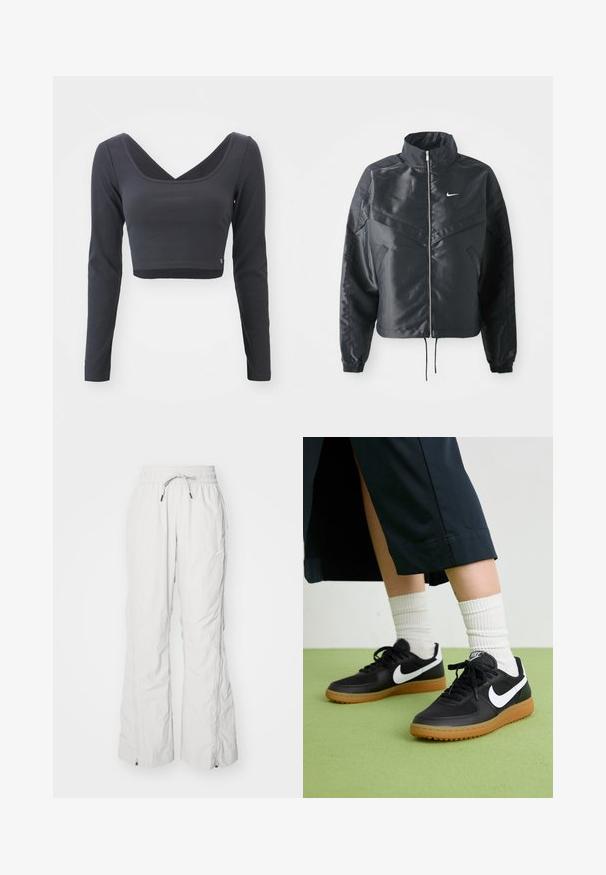 Svart cropped jakke med høy krage, glidelåsåpning, elastiske mansjetter og en hvit Nike-logo. Glatt, shiny stoff med en lett teksturert overflate.; Langermet, cropped topp i mørkegrå ribbet stoff. Har en dyp V-hals og ensfarget med en liten logo ved kanten.; Lys grå cargo bukser laget av teksturert stoff, med elastisk midje og snøring, sidelommer og glidelåser ved anklene.; Sorte lær- og syntetiske joggesko med hvit Nike swoosh, gummisåle, rund tå og sorte lisser. Ribbet hvite sokker synlige.