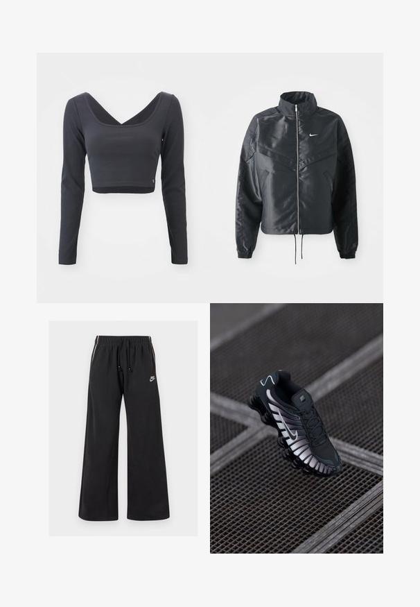 Sort cropped jakke med høj krave, lynlås lukning, elastiske manchetter og et hvidt Nike-logo. Glat, blankt stof med en let struktureret overflade.; Langærmet, cropped top i mørkegrå ribbet stof. Har en dyb V-halsudskæring og ensfarvet med et lille logo ved sømmen.; Sorte sweatpants lavet af blødt stof, med en elastisk talje og snøre, sidestriber og et lille logo på venstre front.; Sort atletisk sko med tekstureret mesh-overdel, sølv accenter, svangstøtte og polstret sål med en fremtrædende segmenteret design.