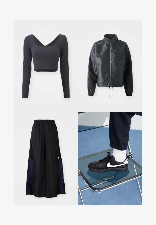 Giacca nera cropped con colletto alto, chiusura a zip, polsini in elastan e logo Nike bianco. Tessuto liscio e lucido con una superficie leggermente texturizzata.; Top cropped a maniche lunghe in maglia a coste grigia scura. Presenta una scollatura a V profonda e un colore uniforme con un piccolo logo sull'orlo.; Pantaloni neri a gamba larga realizzati in tessuto leggero, con un pannello laterale blu navy e una cintura elastica. Piccolo logo bianco sul fondo.; Sneakers Nike neri con accenti bianchi, caratterizzati da una superficie in pelle liscia, design con lacci e punta rotonda, posizionati su una sedia di vetro.