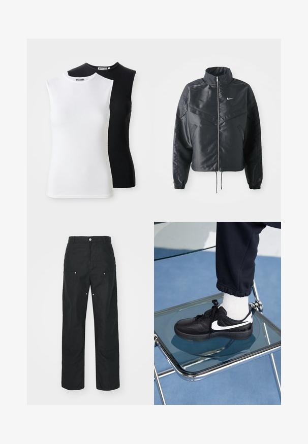 Sort cropped jakke med høj krave, lynlås lukning, elastiske manchetter og et hvidt Nike-logo. Glat, blankt stof med en let struktureret overflade.; To sirløse ribbede toppe i hvid og sort. Har en høj halsudskæring og et tætsiddende design. Stoffet er blødt og strækbart. Mærkets label er synlig.; Sorte bukser med lige ben-design, lavet af et tekstureret stof. Har dekorativt sølvhardware og unikke sømdetaljer.; Sorte Nike sneakers med hvide detaljer, der har en glat læderoverflade, snørebånd og rund tå, placeret på en glasstol.