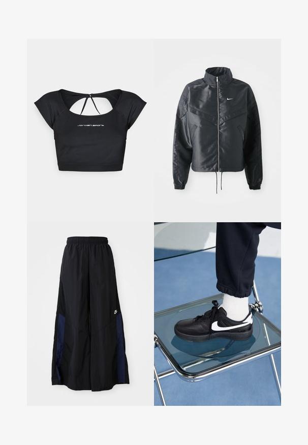 Černá zkrácená bunda s vysokým límcem, zipovým zapínáním, elastickými manžetami a bílým logem Nike. Hladká, lesklá látka s mírně strukturovaným povrchem.; Černý zkrácený sportovní top s krátkými rukávy, výřezem na zádech a stahovací šňůrkou. Na přední straně je bílá logo "Jordan Sport".; Černé kalhoty širokého střihu vyrobené z lehkého materiálu, s námořnickou modrou bočním panelem a elastickým pasem. Malé bílé logo na spodní části.; Černé tenisky Nike s bílými akcenty, s hladkou koženou texturou, šněrovacím designem a zaoblenou špičkou, umístěné na skleněné židli.