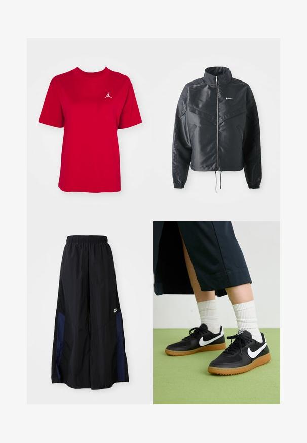 Zwarte cropped jack met hoge kraag, ritsluiting, elastische manchetten en een wit Nike-logo. Glad, glanzend materiaal met een licht gestructureerd oppervlak.; Rode katoenen T-shirt met korte mouwen en ronde hals, met een witte Jordan-logo geborduurd op de linker borst. Gladde textuur.; Zwarte wijdlopende broek van lichtgewicht stof, met een marineblauwe zijpaneel en een elastische tailleband. Klein wit logo onderaan.; Zwarte leren en synthetische sneakers met witte Nike swoosh, rubberen gumzool, ronde neus en zwarte veters. Geribbelde witte sokken zichtbaar.